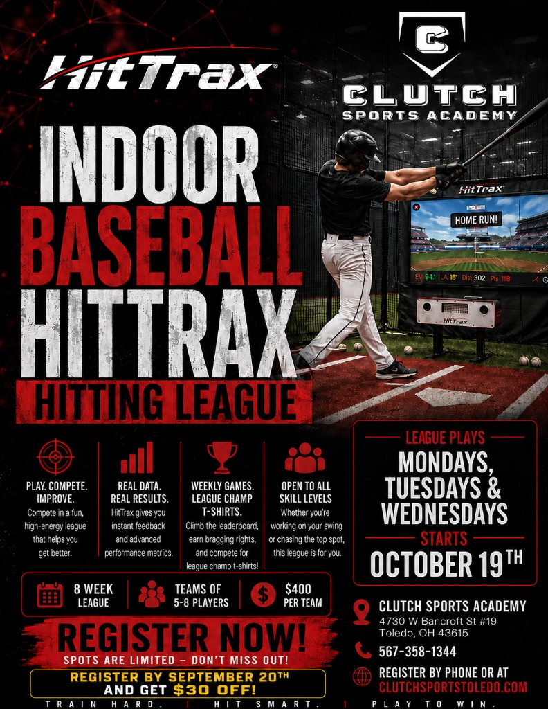 Fall/winter indoor baseball HitTrax hitting league flyer — starts October 19th, 8-week league, teams of 5-8, $400 per team, register by September 20th for $30 off